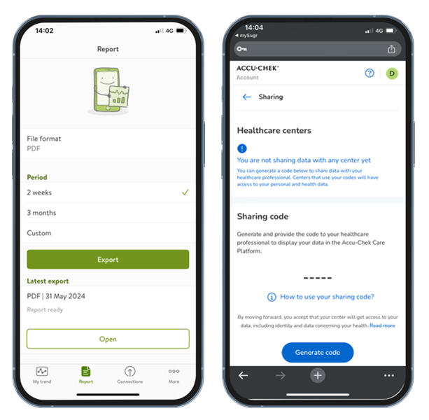 mySugr data sharing screens - reports and data sharing functions