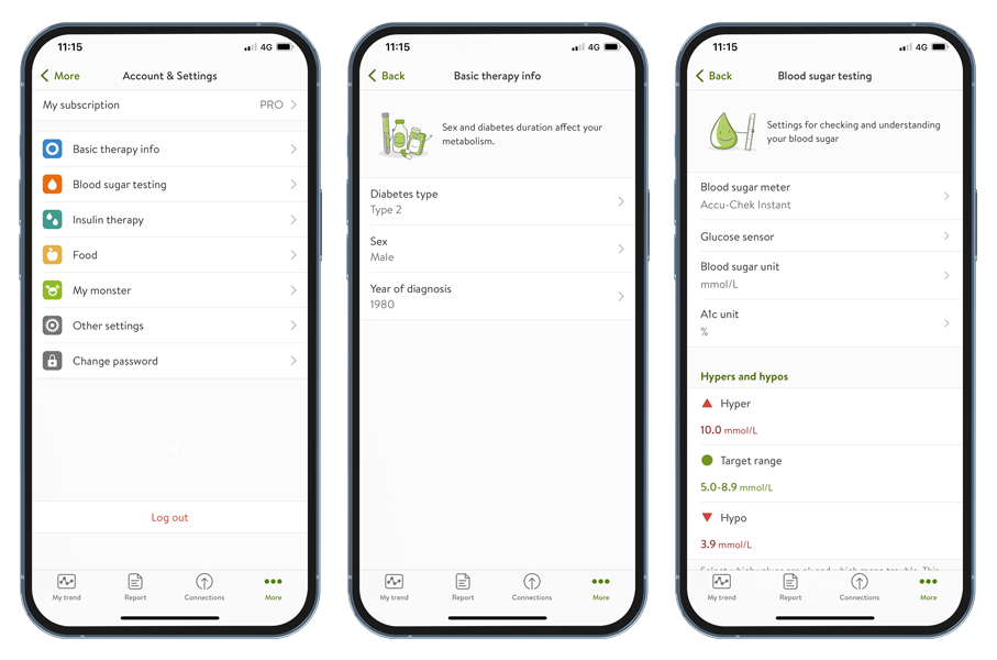mySugr app account and settings screens