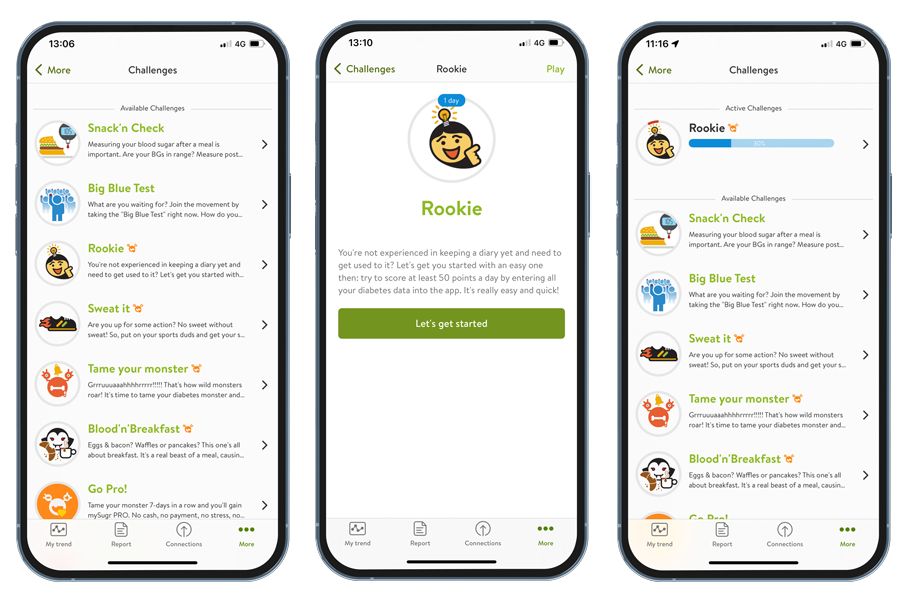 mySugr screens - challenges, the Rookie challenge, and progress with the Rookie challenge