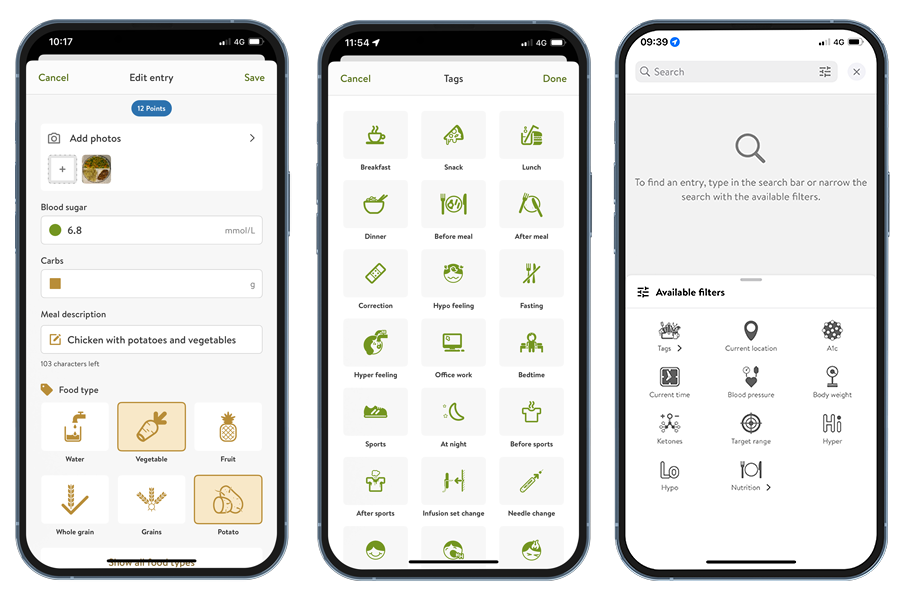 mySugr screens - logging food, tags, and search