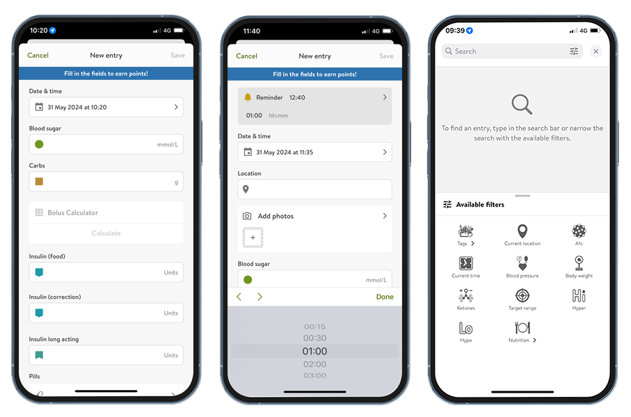 mySugr screens - logging, reminders and search