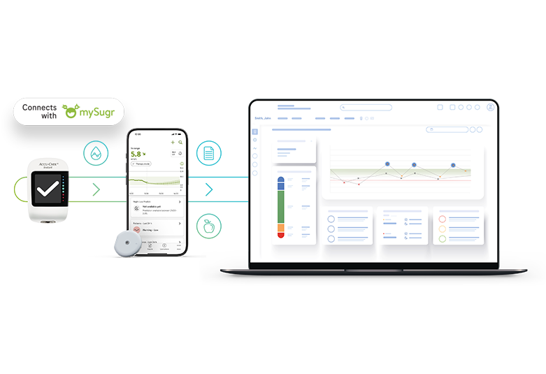 Accu-Chek Care connected to mySugr and Accu-Chek SmartGuide apps