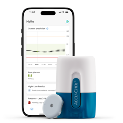 Image of the sensor, the applicator and a mobile phone showcasing the CGM app screen