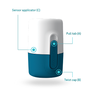 Image depicting SmartGuide sensor elements (A) Pull tab, (B) Twist Cap, (C)Sensor applicator.