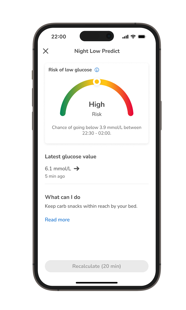 Phone screen showing 'High' risk for low glucose during the night with a 6.1 mmol/L reading and recommendation for nearby carb snacks.