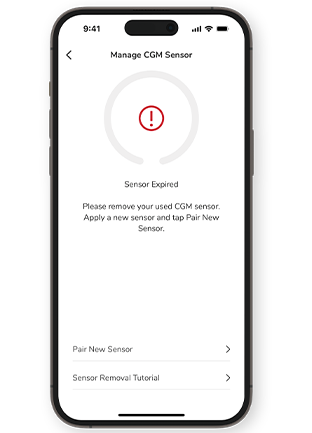Screenshot of the SmartGuide CGM solutions’ sensor's expired screen.