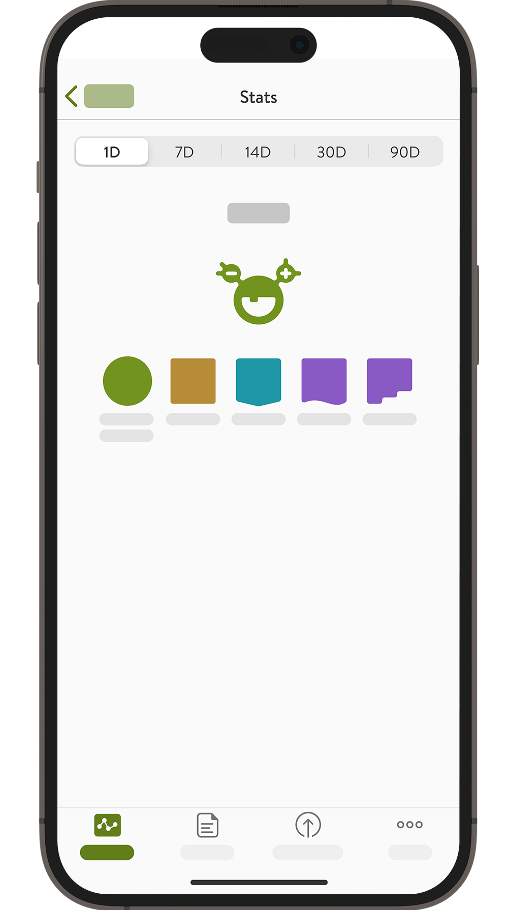Screenshot of the mySugr app Graphs screen displaying statistics like CGM average value, carbs, bolus, activity and steps.