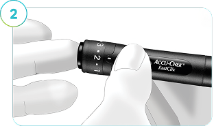 The image depicts a lancing device used on a finger to get a glucose reading to calibrate the Accu-Chek SmartGuide CGM solution.