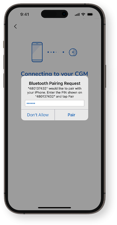 Screen showing Bluetooth Pairing request with your smartphone.