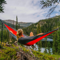 Lady sitting in a hammock