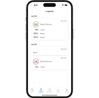 Screenshot of the SmartGuide CGM solutions’ Logbook screen.