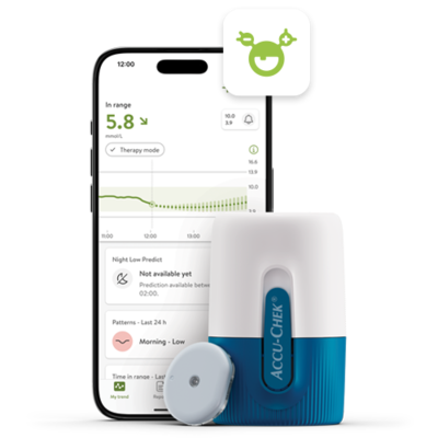 Image of the sensor, the applicator and a mobile phone showcasing the CGM app screen