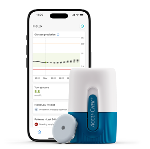Image shows the Accu-Chek SmartGuide CGM solution - Accu-Chek SmartGuide CGM sensor, SmartGuide app and applicator