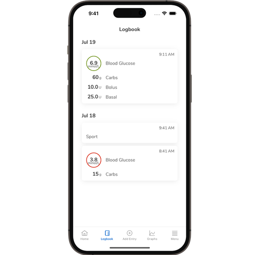 Screenshot of the SmartGuide CGM solutions’ Logbook screen.