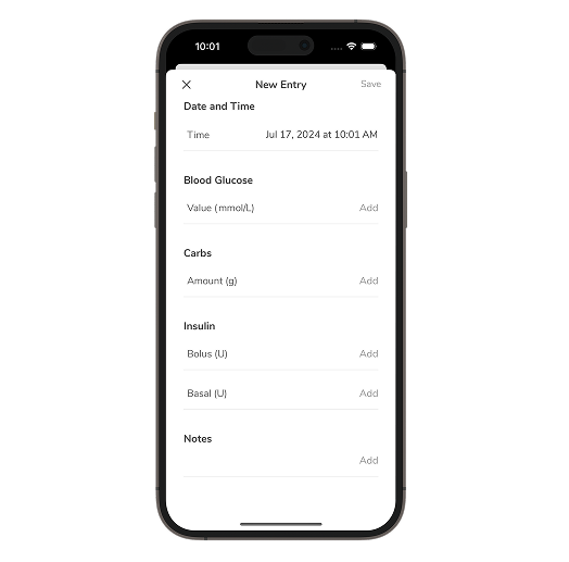 Screenshot of the SmartGuide CGM solutions’ Logbook entry screen.