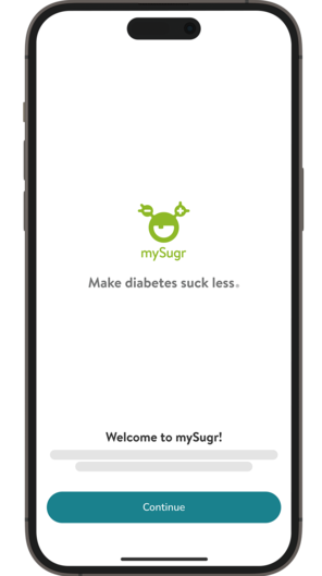 Screenshot of the mySugr app onboarding start screen.